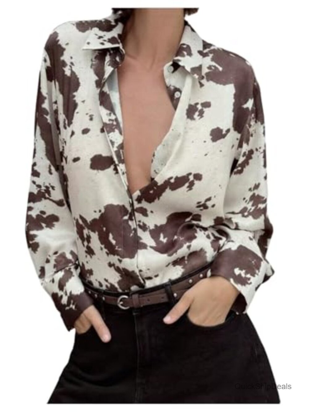 Cow Print Button Down Blouse Long Sleeve Collared Shirt